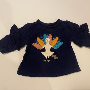 MudPie Turkey Gobble Gobble Thanksgiving Navy Shirt 3-6 Month